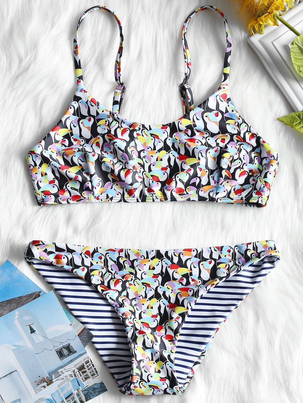 

Frill Penguin Print Bralette Bikini Set, Colormix