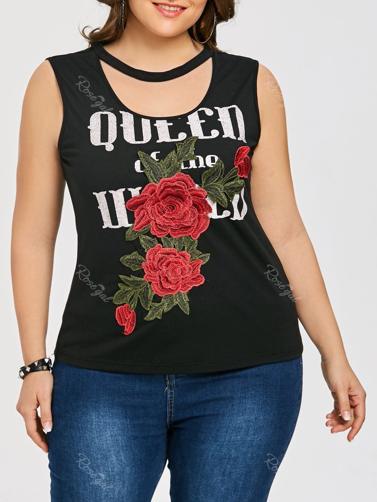 

Flower Embroidery Plus Size Sleeveless T-shirt, Black