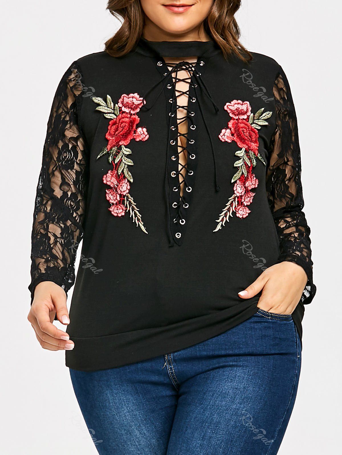 

Criss Cross Floral Embroidered Plus Size Sweatshirt, Black