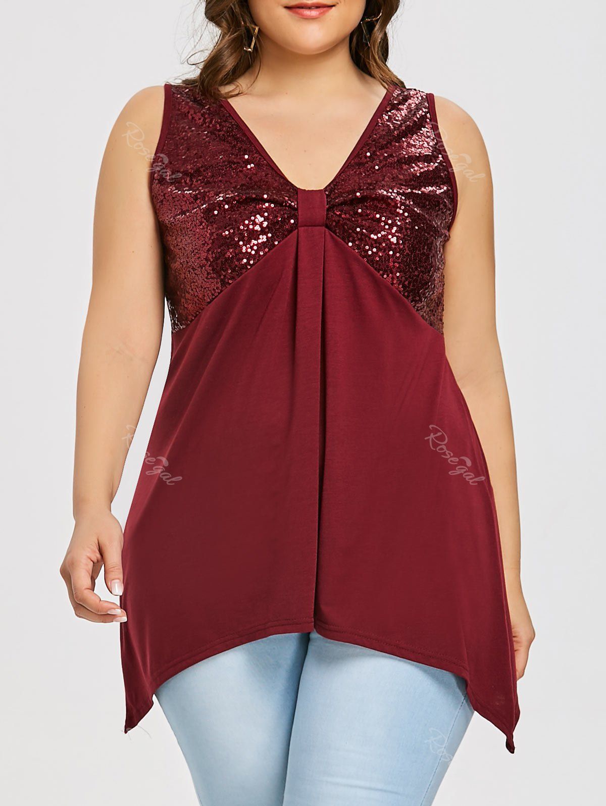 

Plus Size Sequined Bow Asymmetric Tank Top, Wine red