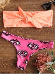 Eye Print High Leg Bandeau Bikini - ORANGE