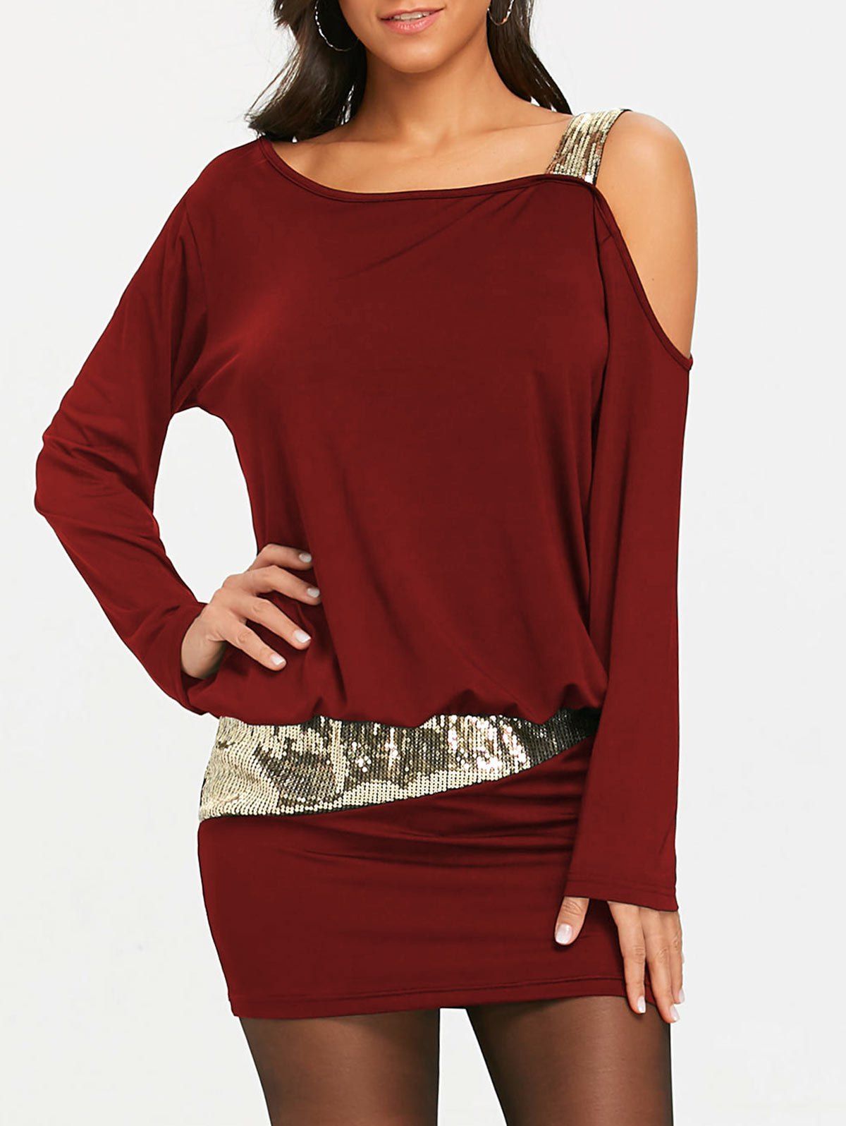 

Sequins Cold Shoulder Long Sleeve Blouson Dress, Burgundy