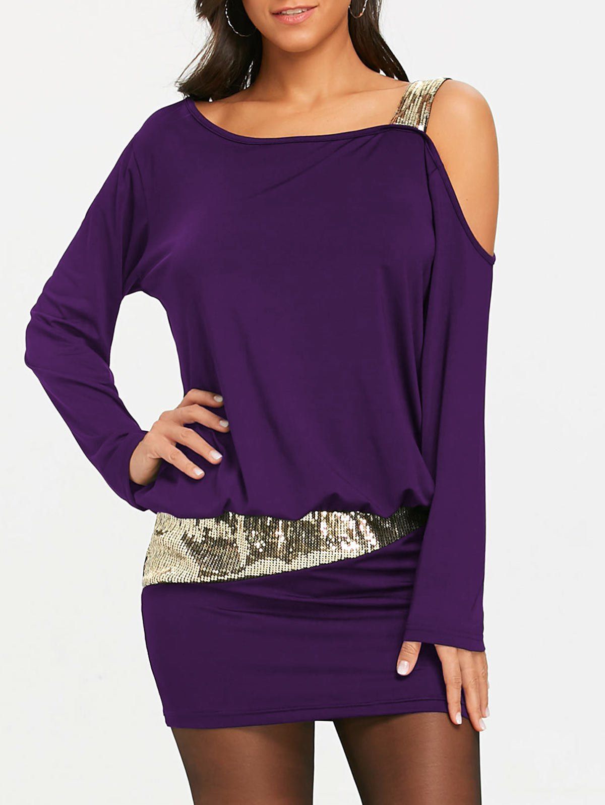 

Sequins Cold Shoulder Long Sleeve Blouson Dress, Purple