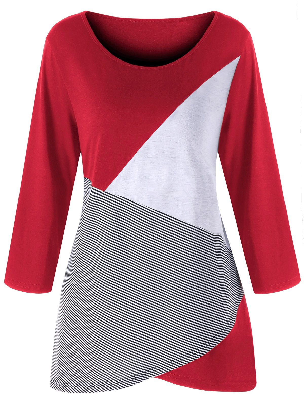 

Plus Size Scoop Neck Patchwork Top, Red