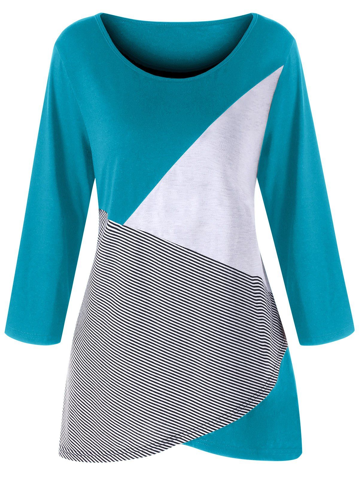 

Plus Size Scoop Neck Patchwork Top, Lake blue