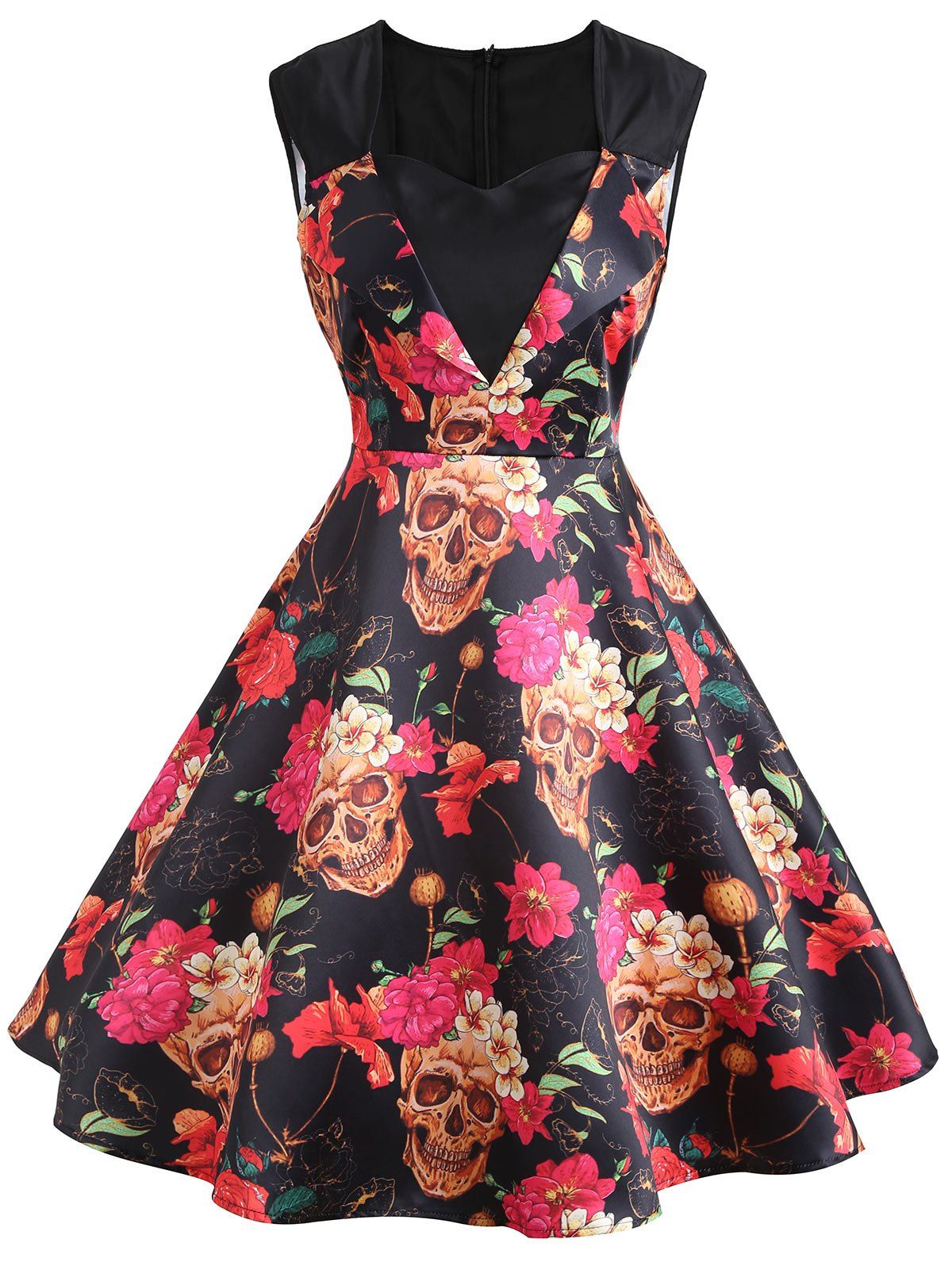 

Sweetheart Sleeveless Flower Print Vintage Dress, Deep yellow