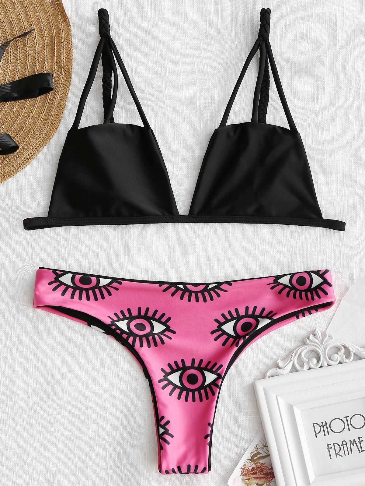 

Eye Print Strappy Caged Thong Bikini, Black + rose red