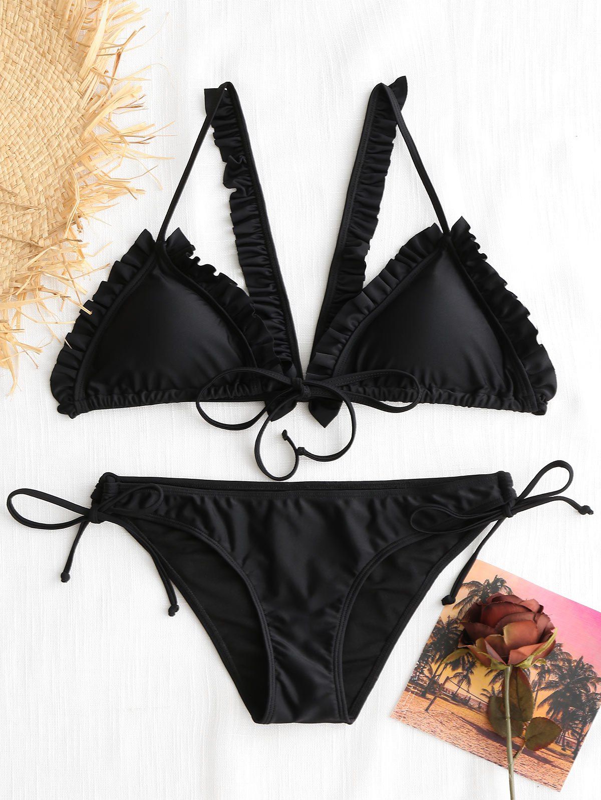 

Flounce Racerback Bikini Set, Black