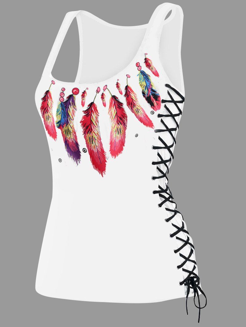 

U Neck Feather Print Lace Up Tank Top, Red