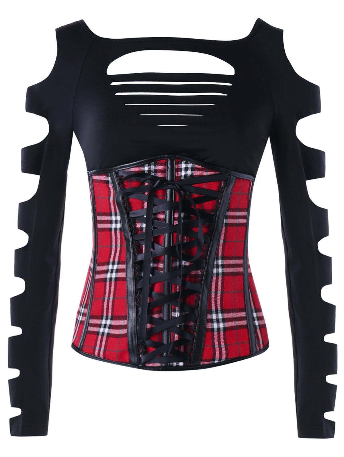 

Ladder Cut T-shirt with Plaid Corset, Black