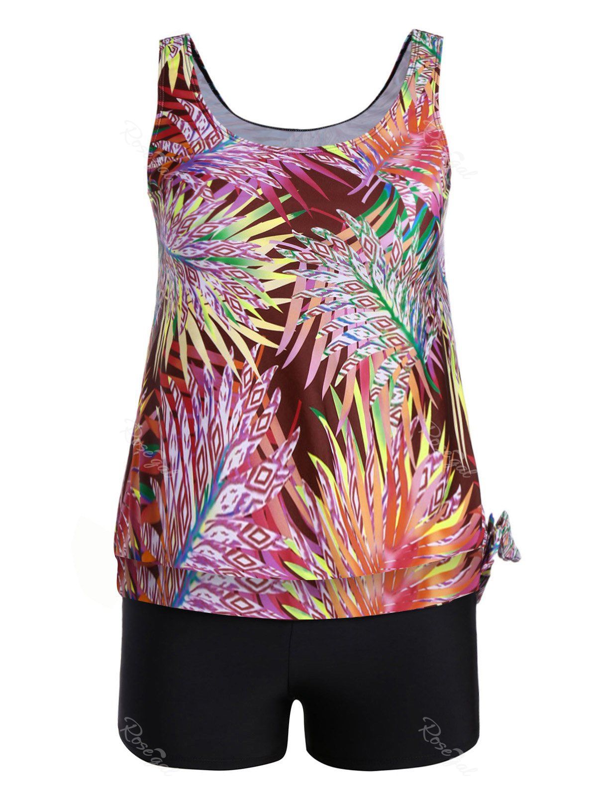 

Plus Size Tropical Leaves Print Blouson Tankini, Purplish red