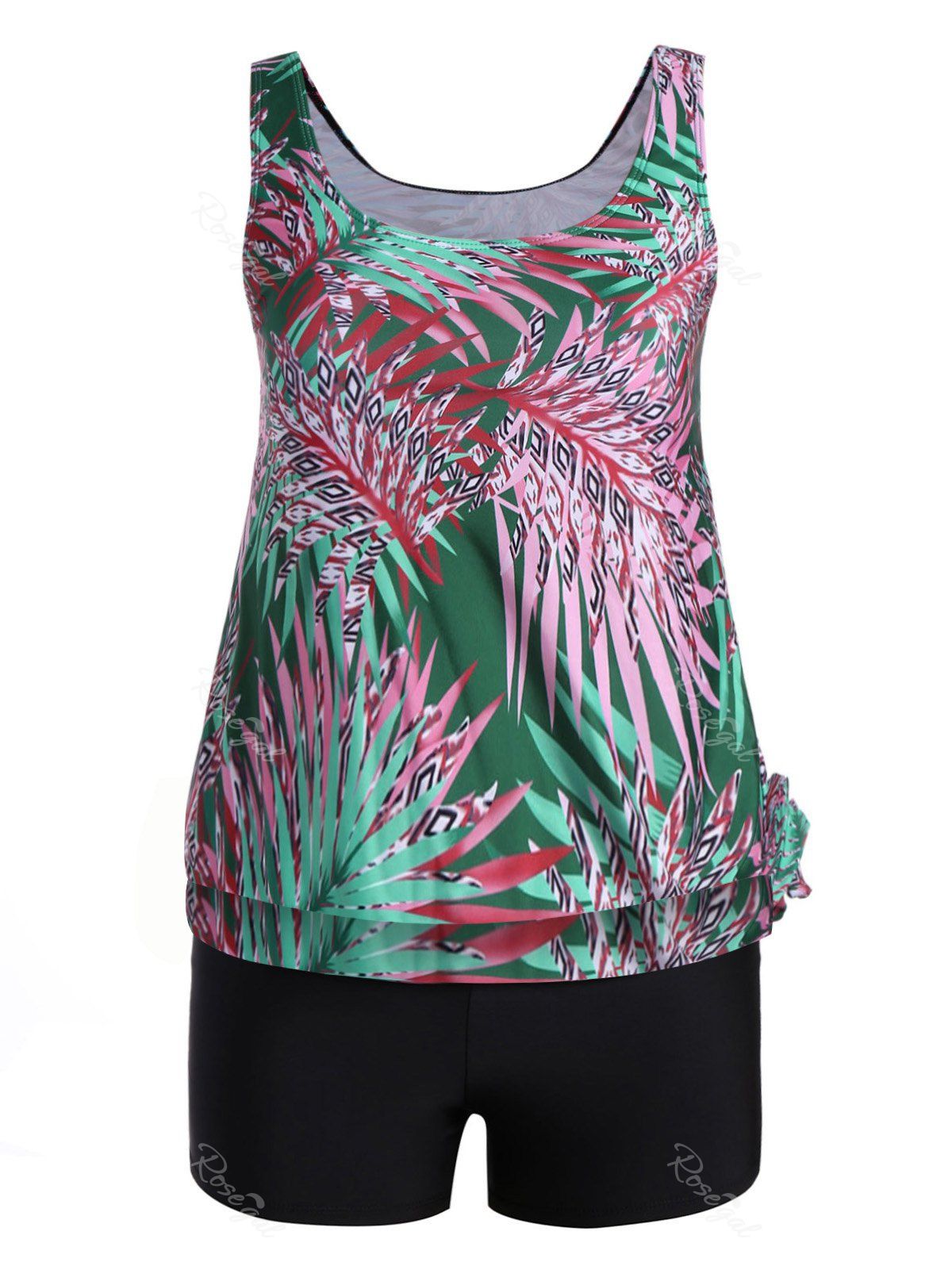 

Plus Size Tropical Leaves Print Blouson Tankini, Green