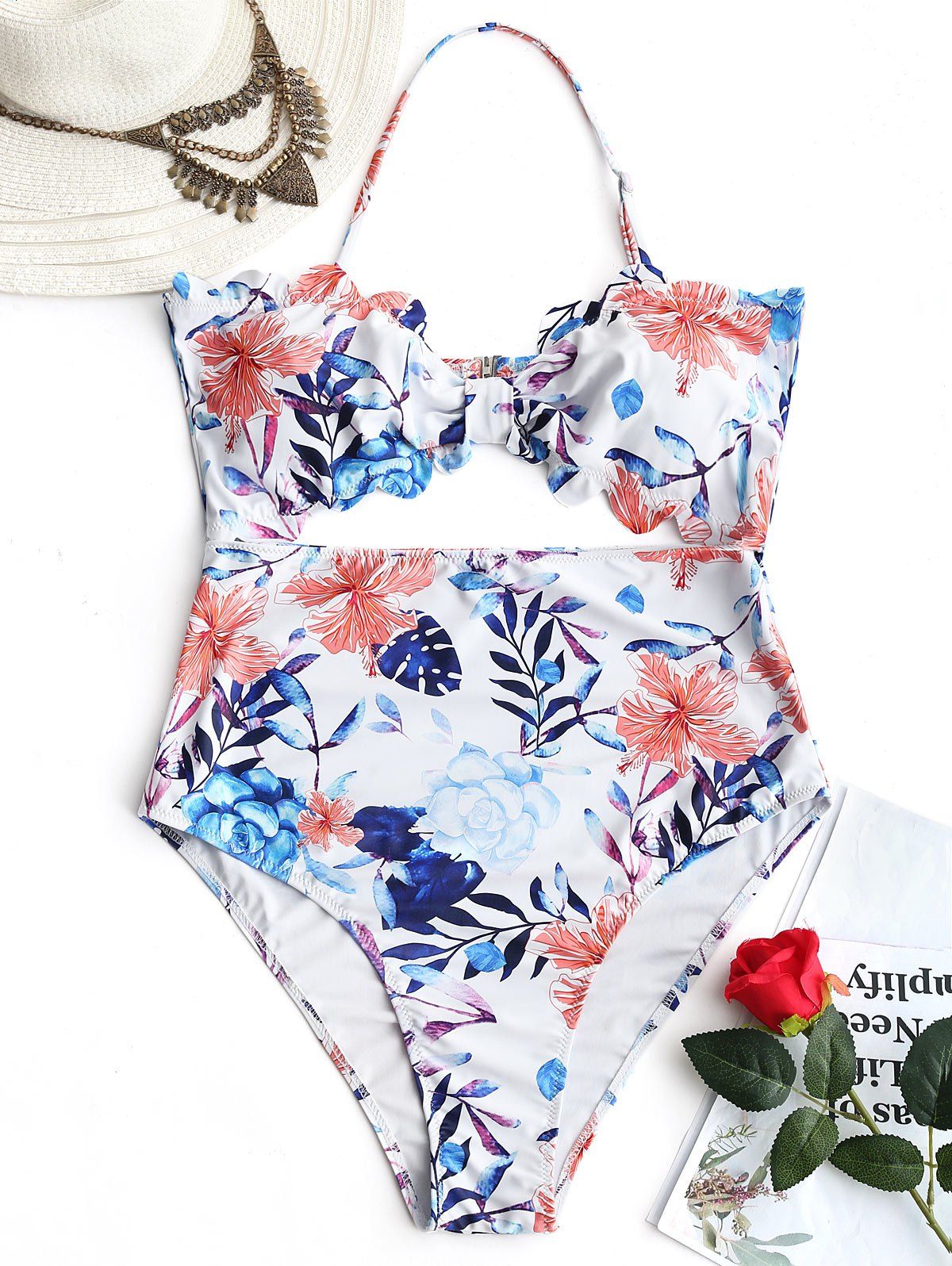 [44% OFF] Leaf Print High Leg Cut Out Plus Size Swimsuit | Rosegal