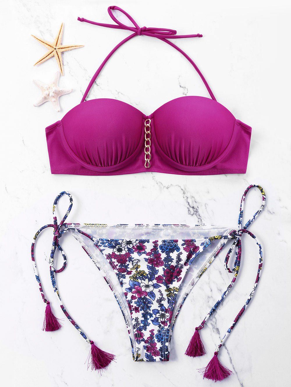 

Floral Print Halter Push Up Bikini, Colormix