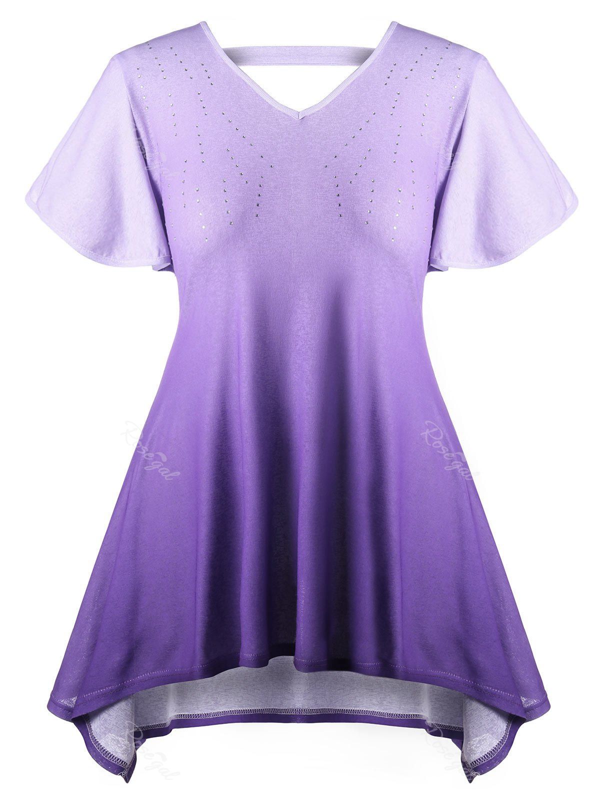 

Plus Size Rhinestone Ombre Color Asymmetric Top, Purple