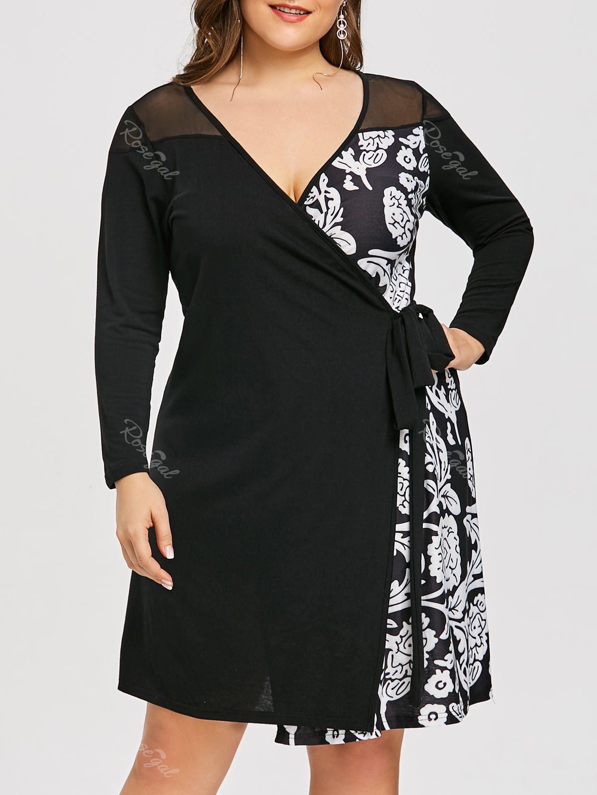 

Plus Size Floral Print Mesh Panel Wrap Dress, Black