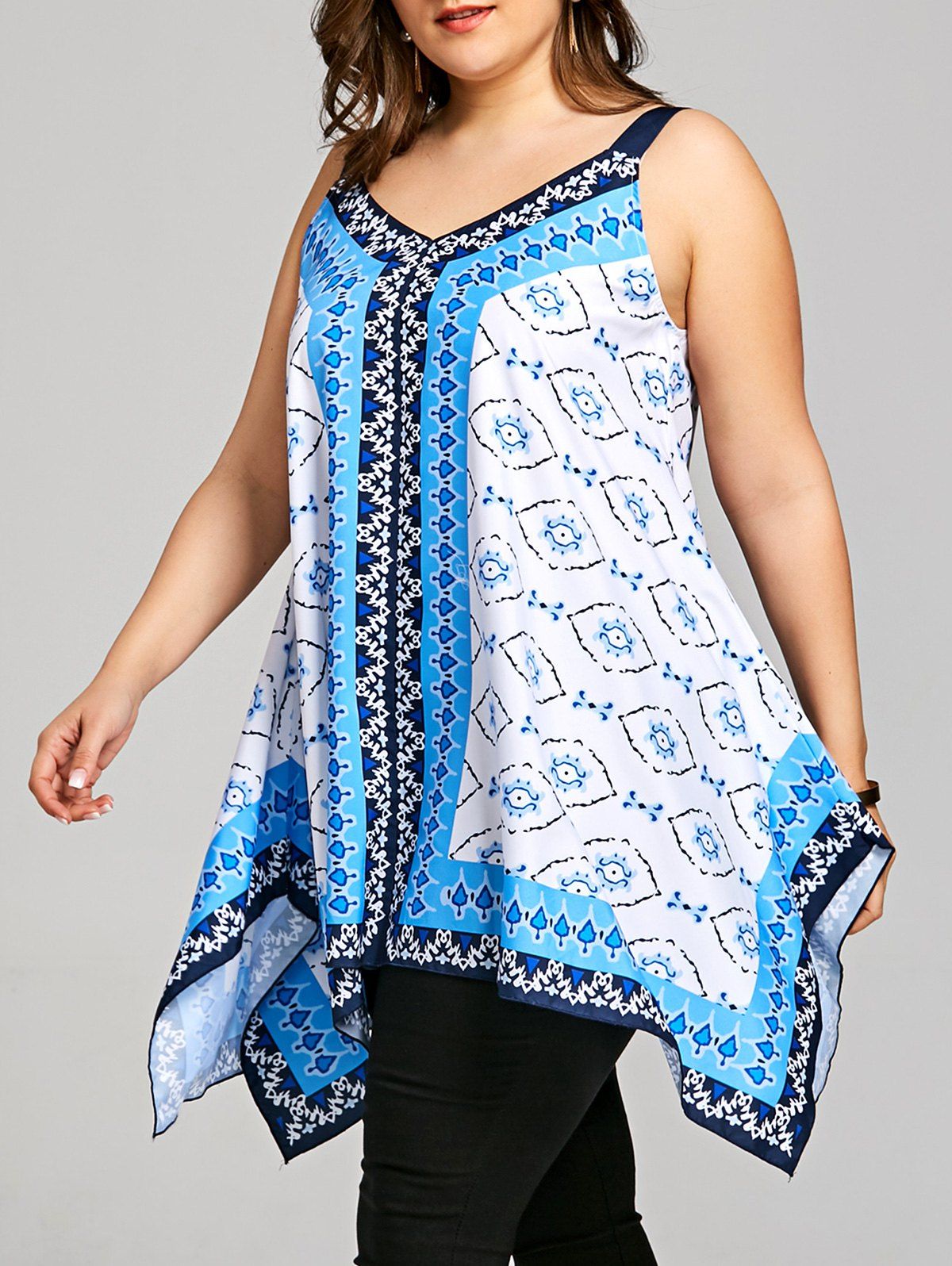 

Plus Size Tribal Print Handkerchief Hem Tank Top, Blue