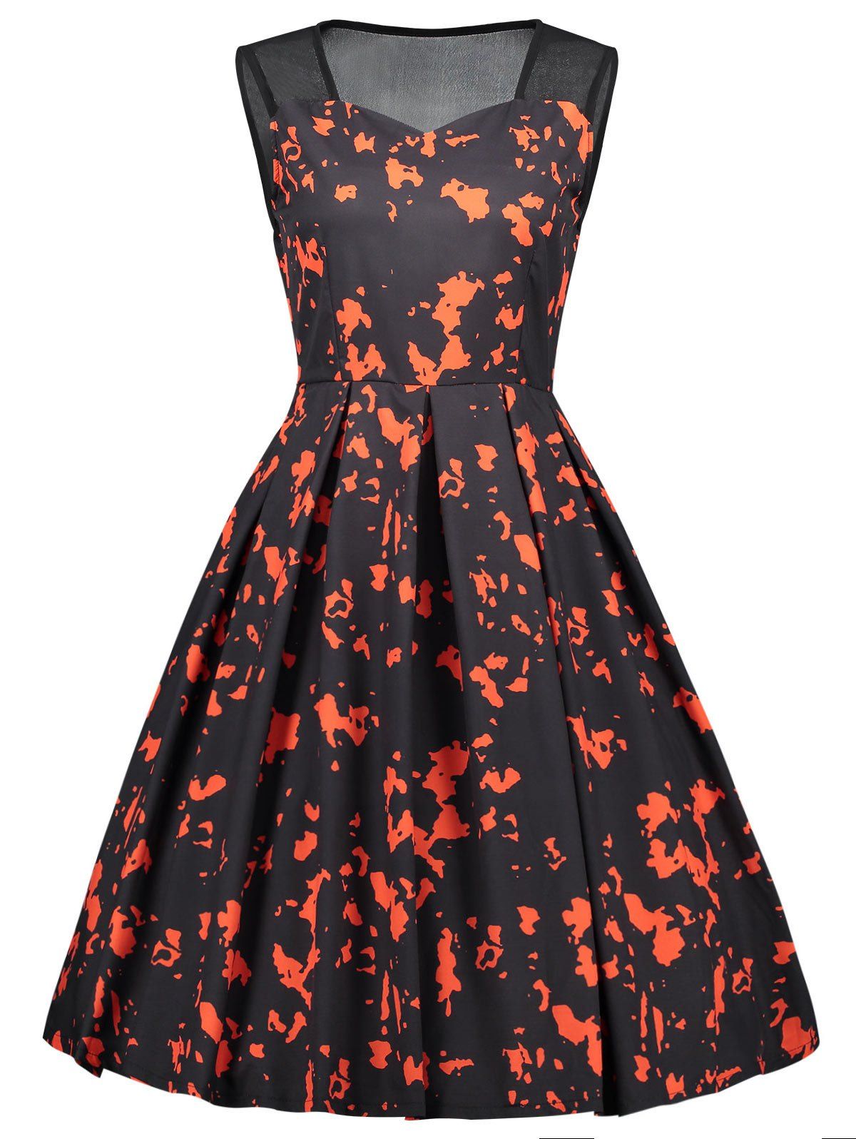 

Tie Dye Mesh Panel Fit and Flare Dress, Black