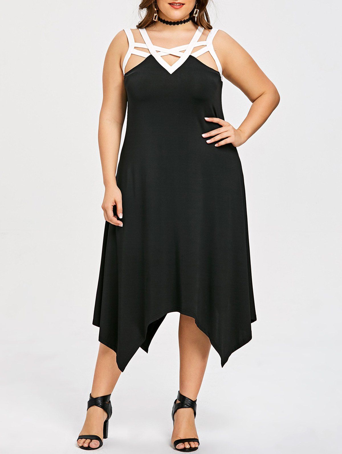 

Plus Size Sleeveless Two Tone Handkerchief Dress, White and black