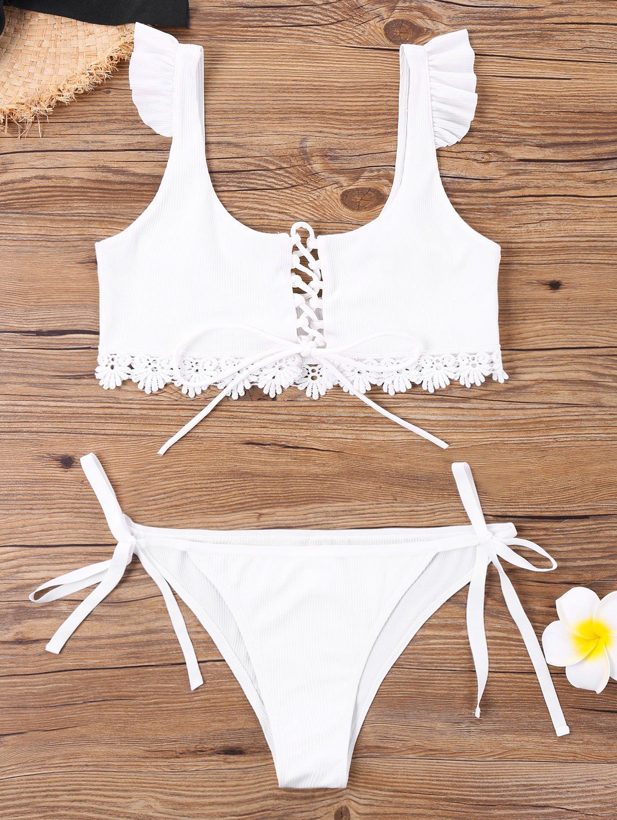 

U Neck Tie Side Bikini with Lace, White