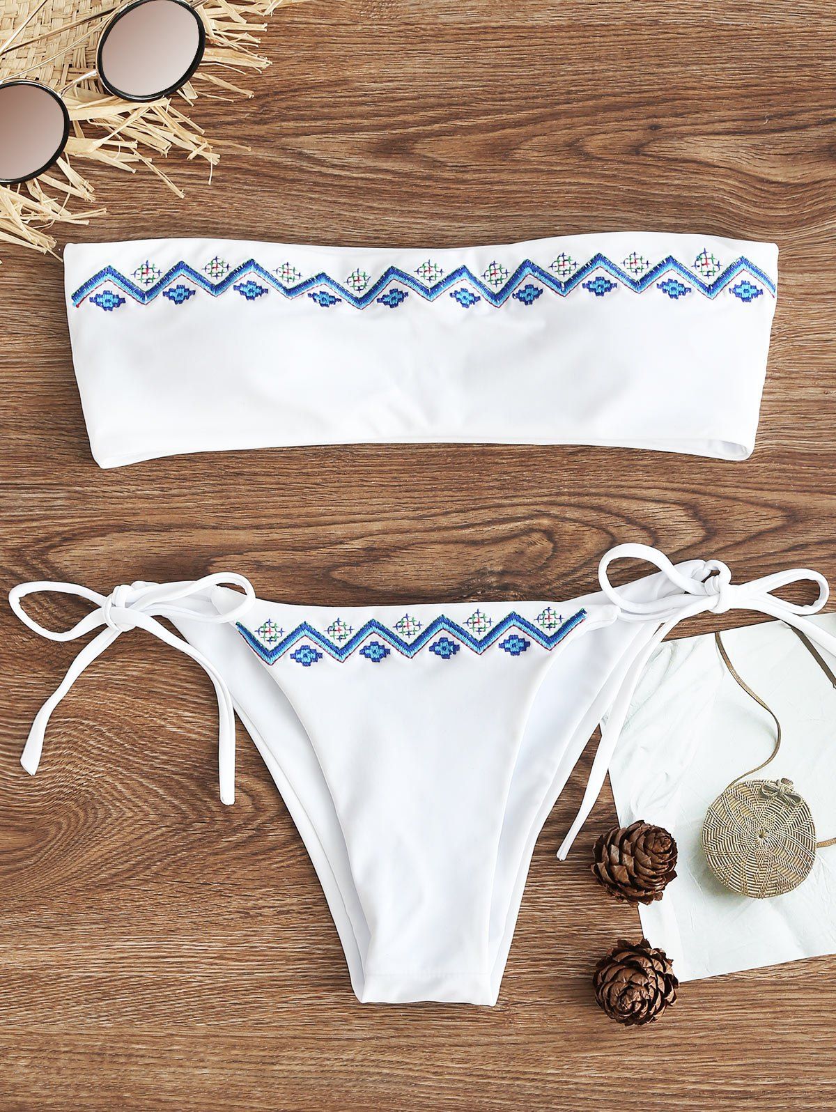 

Bandeau Embroidered String Bikini Set, White