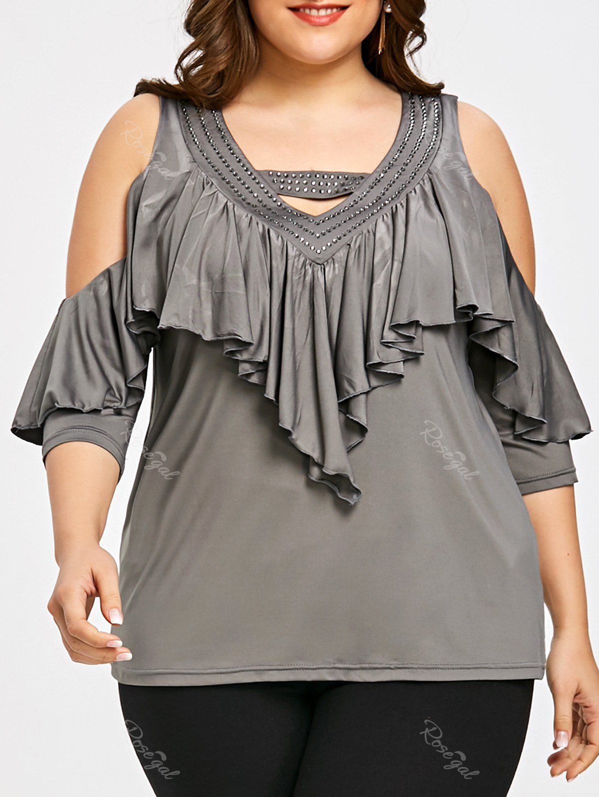 

Plus Size Cold Shoulder Embellished Top, Gray