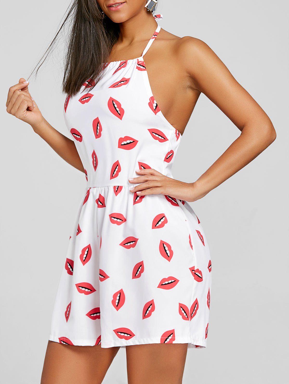 

Halter Lip Print Backless Playsuit, White