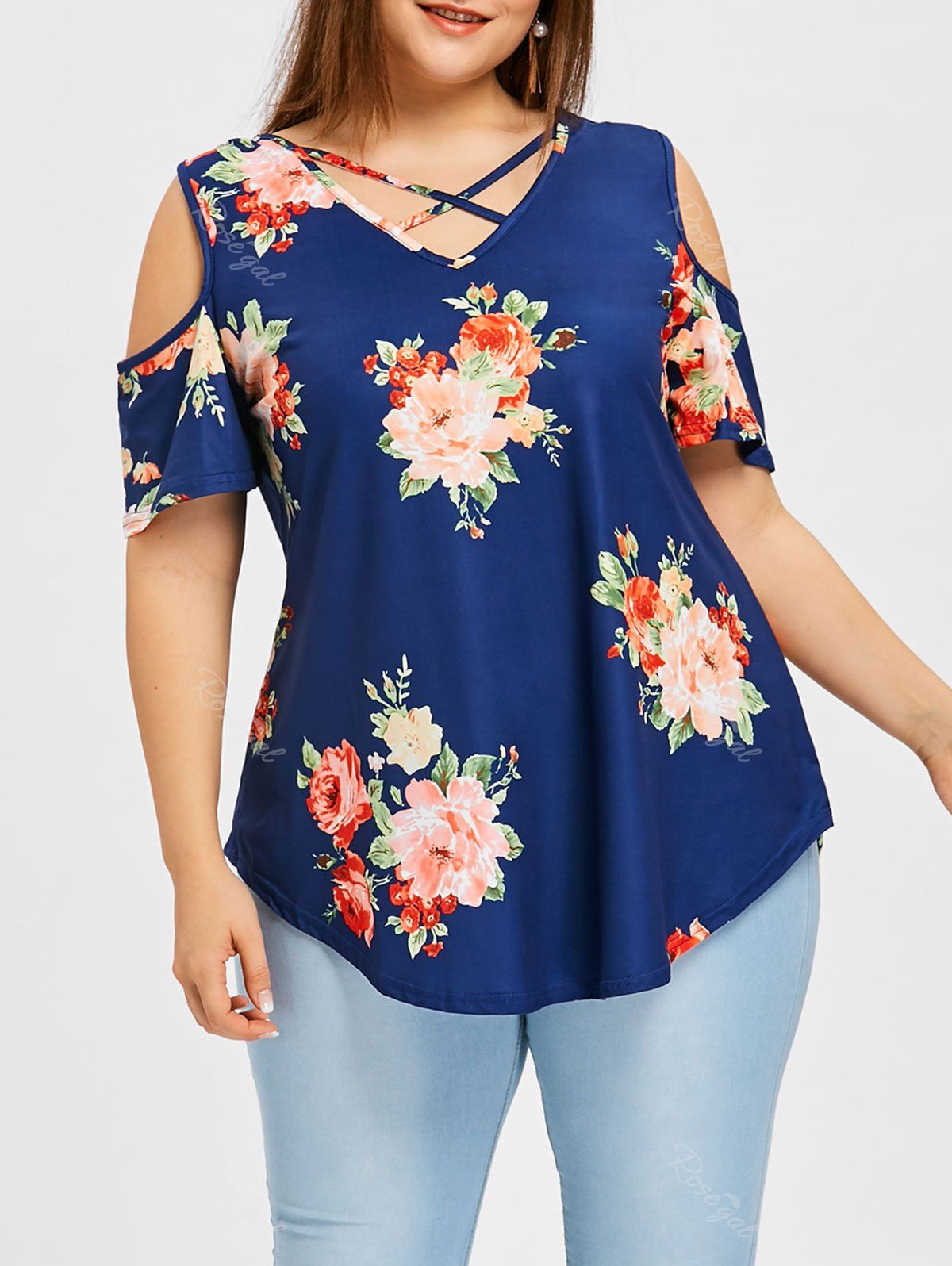 

Plus Size Open Shoulder Floral Caged Tee, Blue