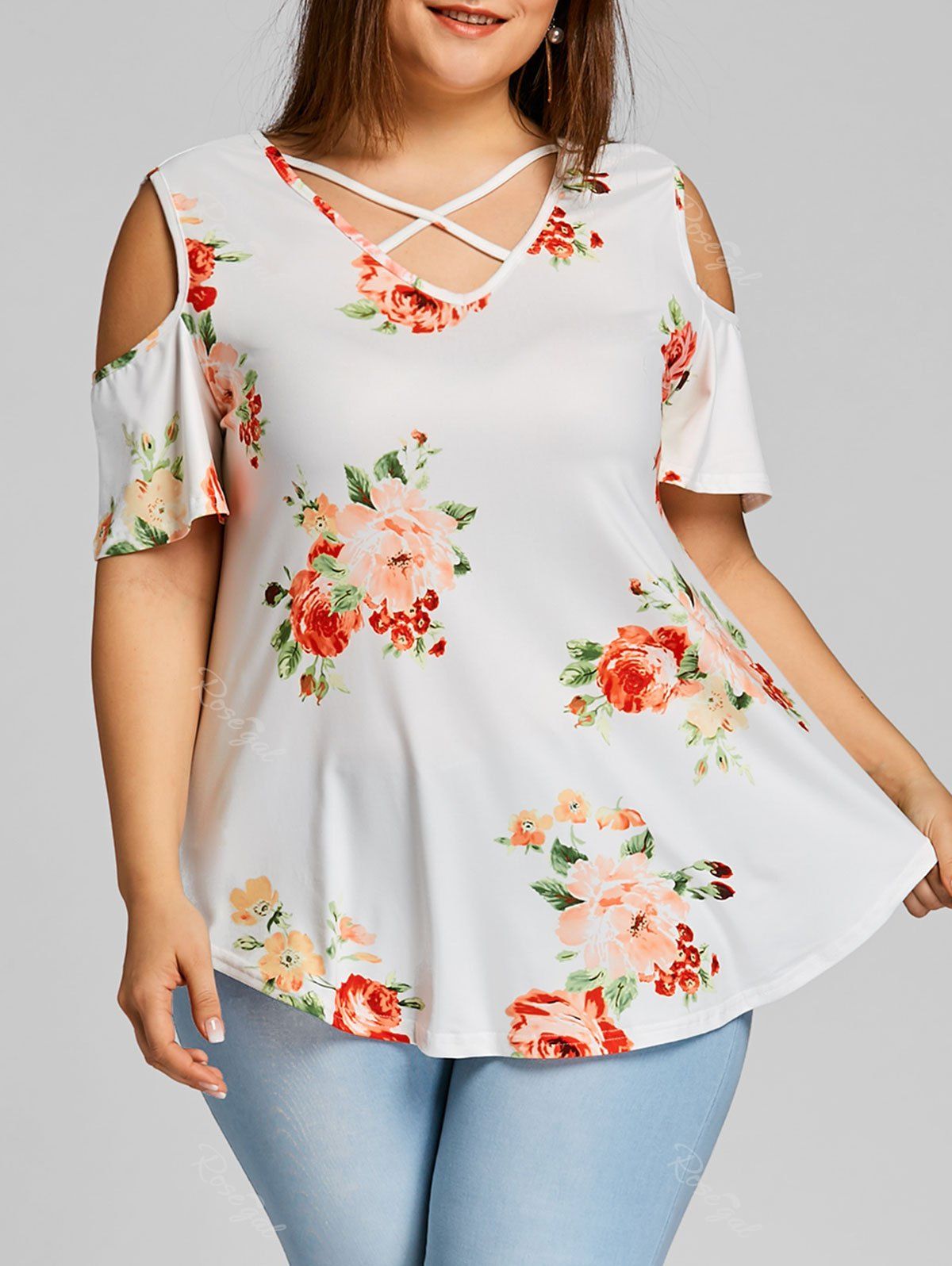 

Plus Size Open Shoulder Floral Caged Tee, White