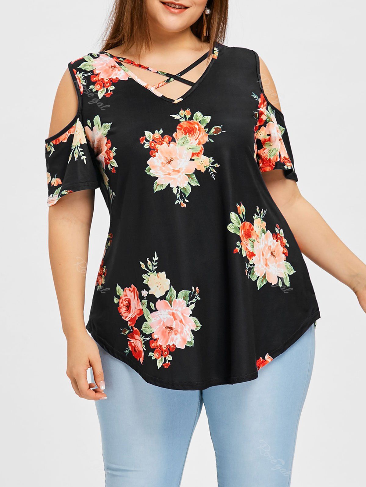 

Plus Size Open Shoulder Floral Caged Tee, Black