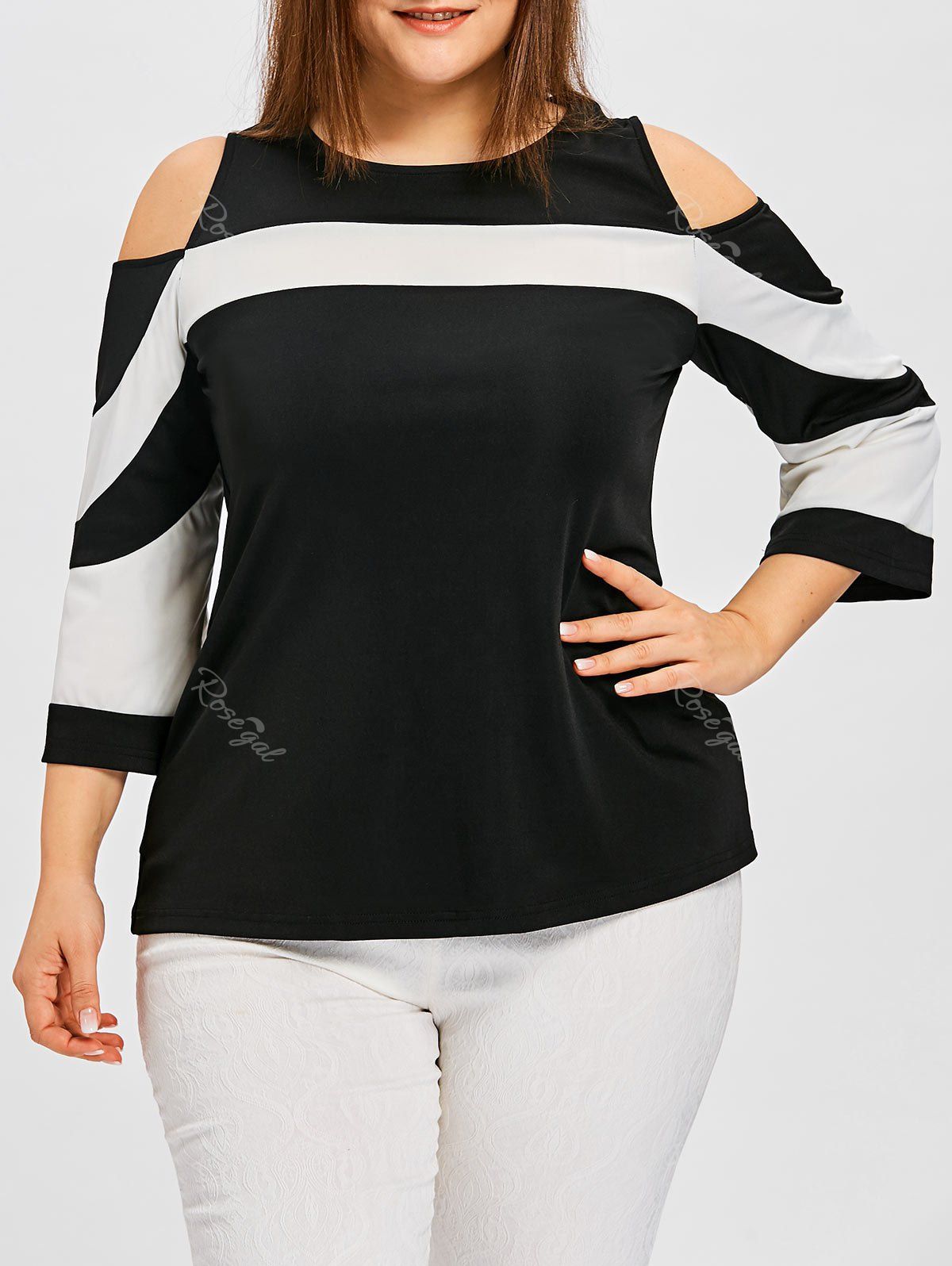 

Plus Size Color Block Cutout Shoulder Tee, White and black