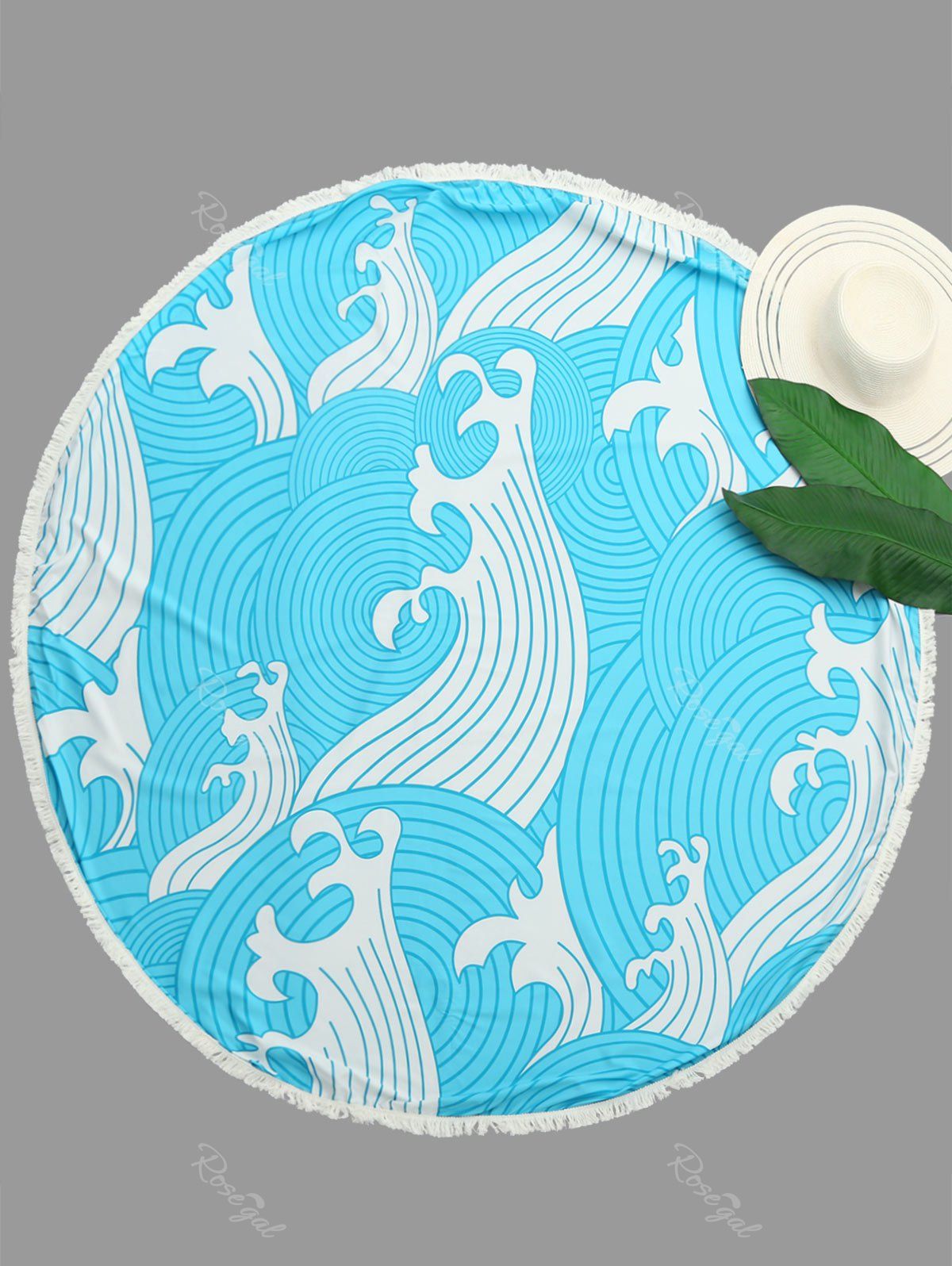 

Round Fringed Wave Print Beach Throw, Blue
