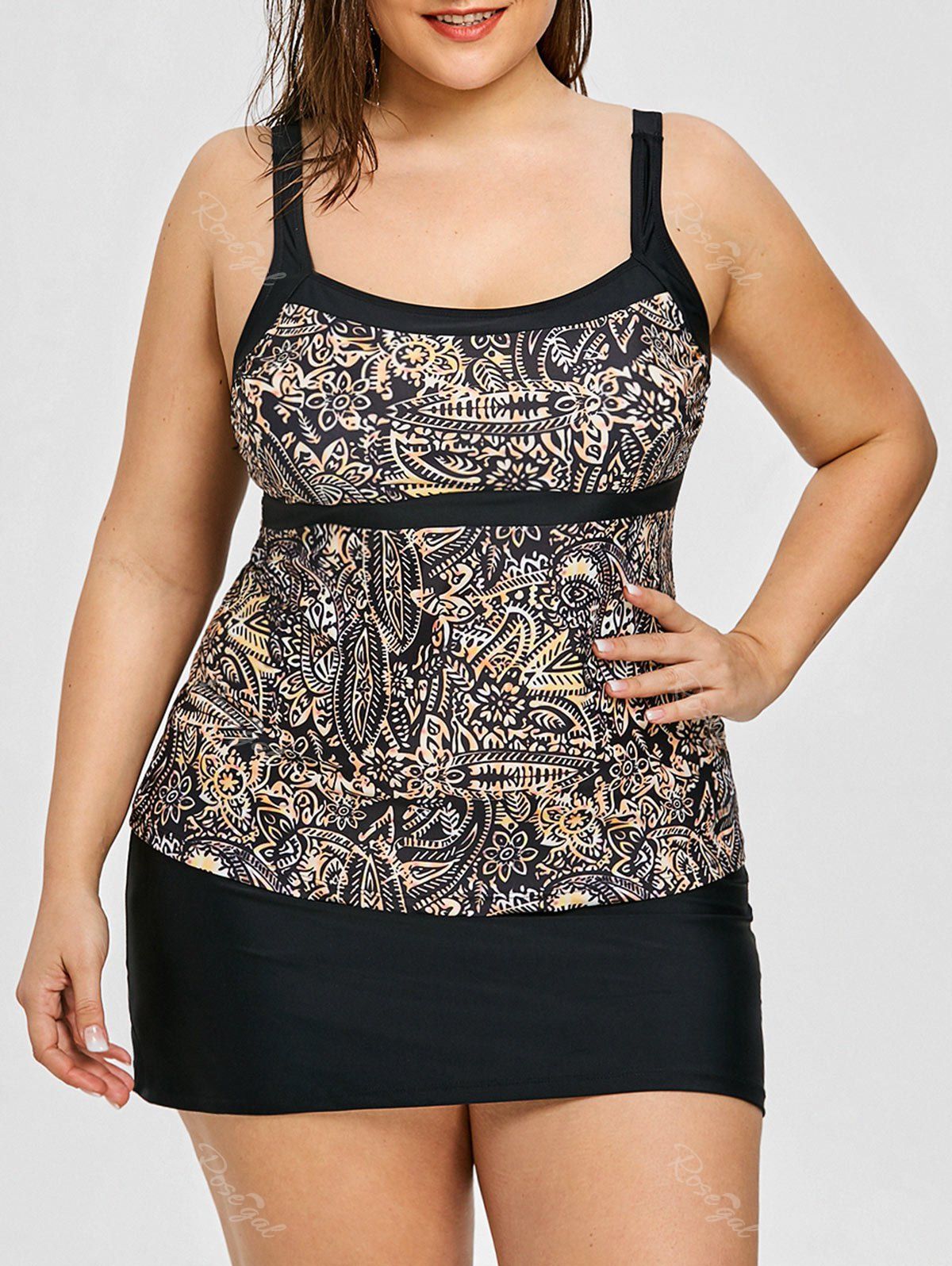 

Plus Size Tropical Leaf Printed Tankini Set, Black