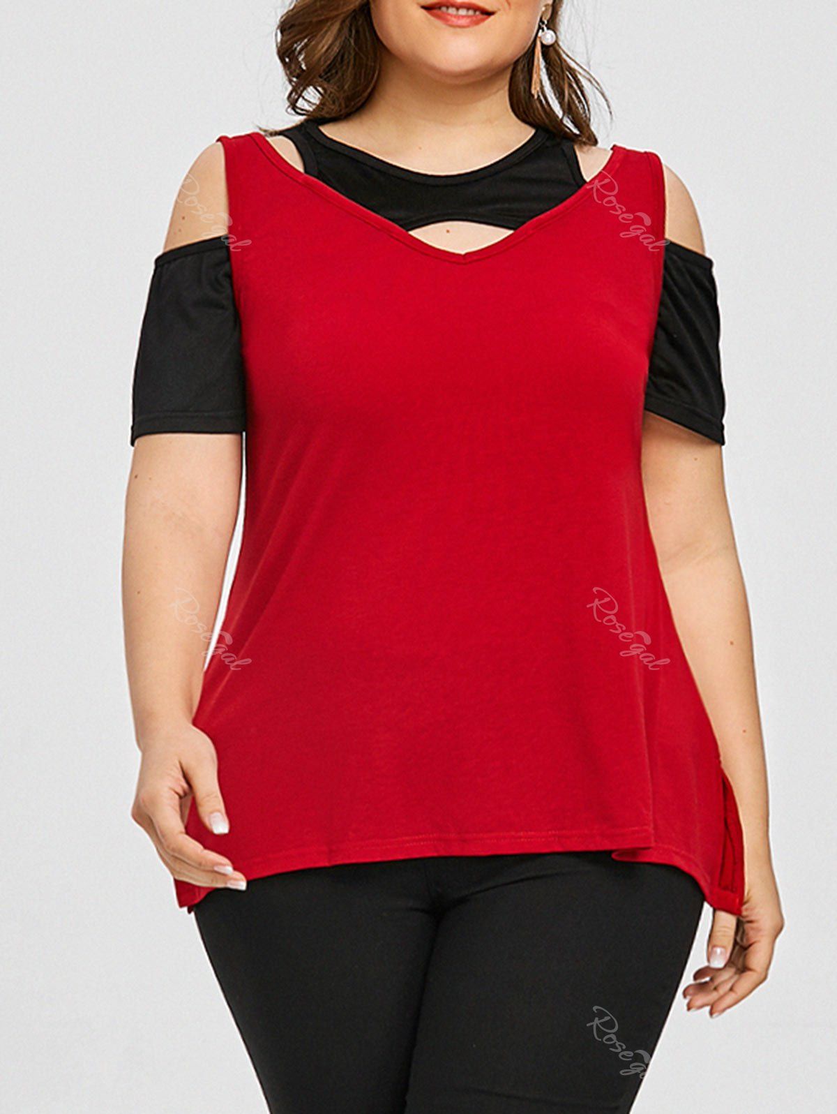 

Color Block Plus Size Cutout Shoulder Tee, Red