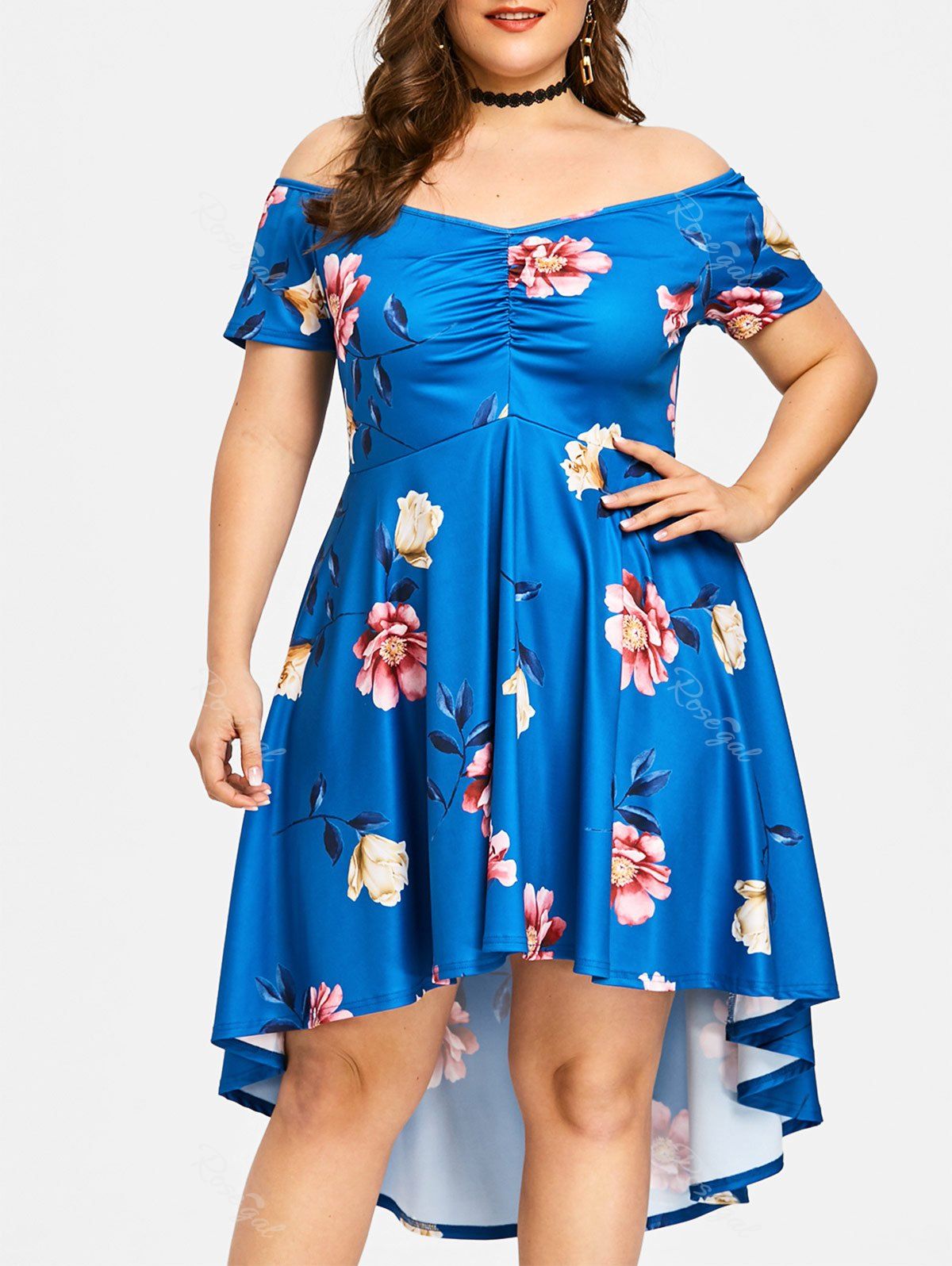 

Plus Size Floral Off The Shoulder Party Dress, Blue