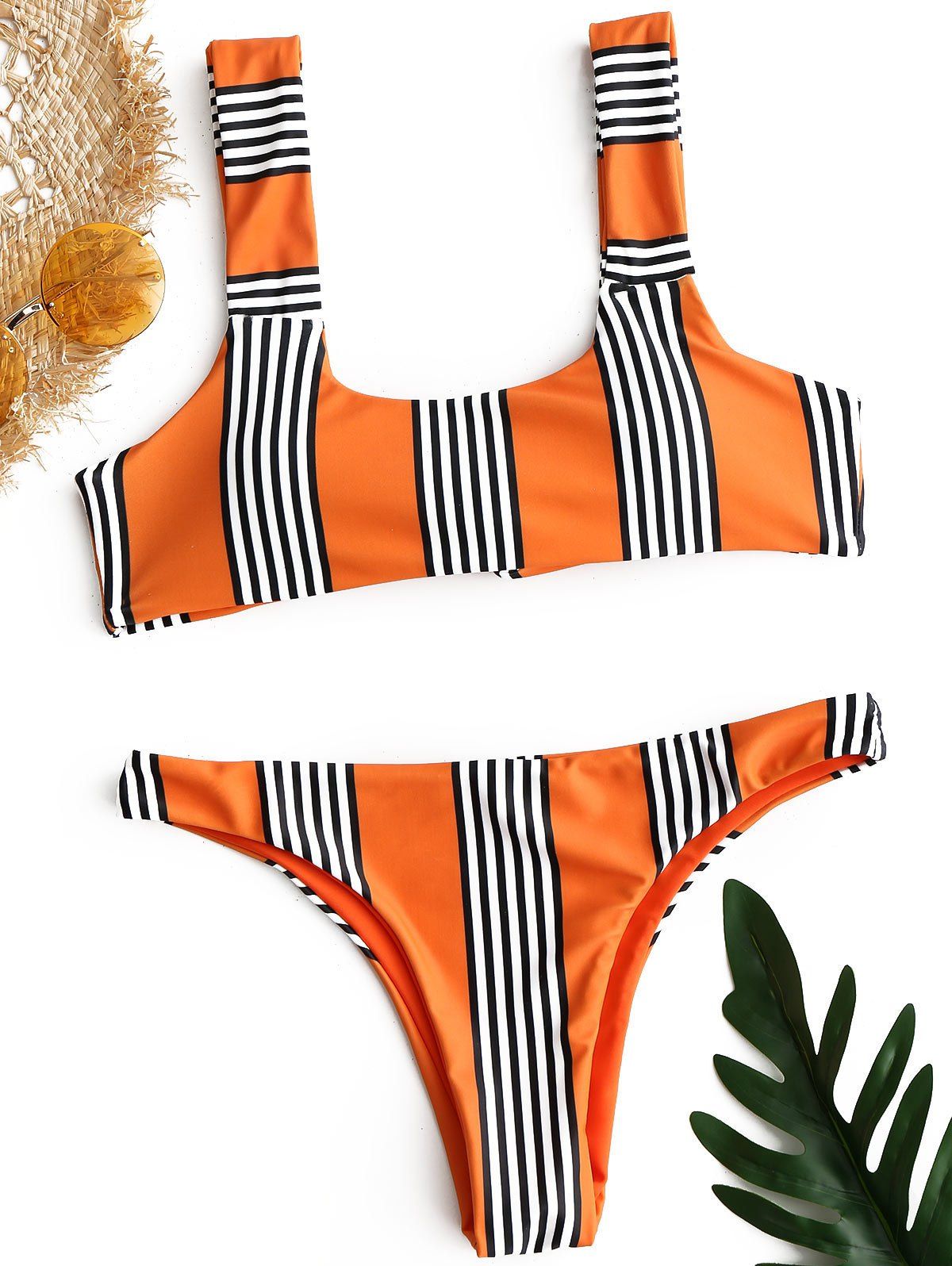 

Stripe U Neck Thong Bikini Set, Orange yellow