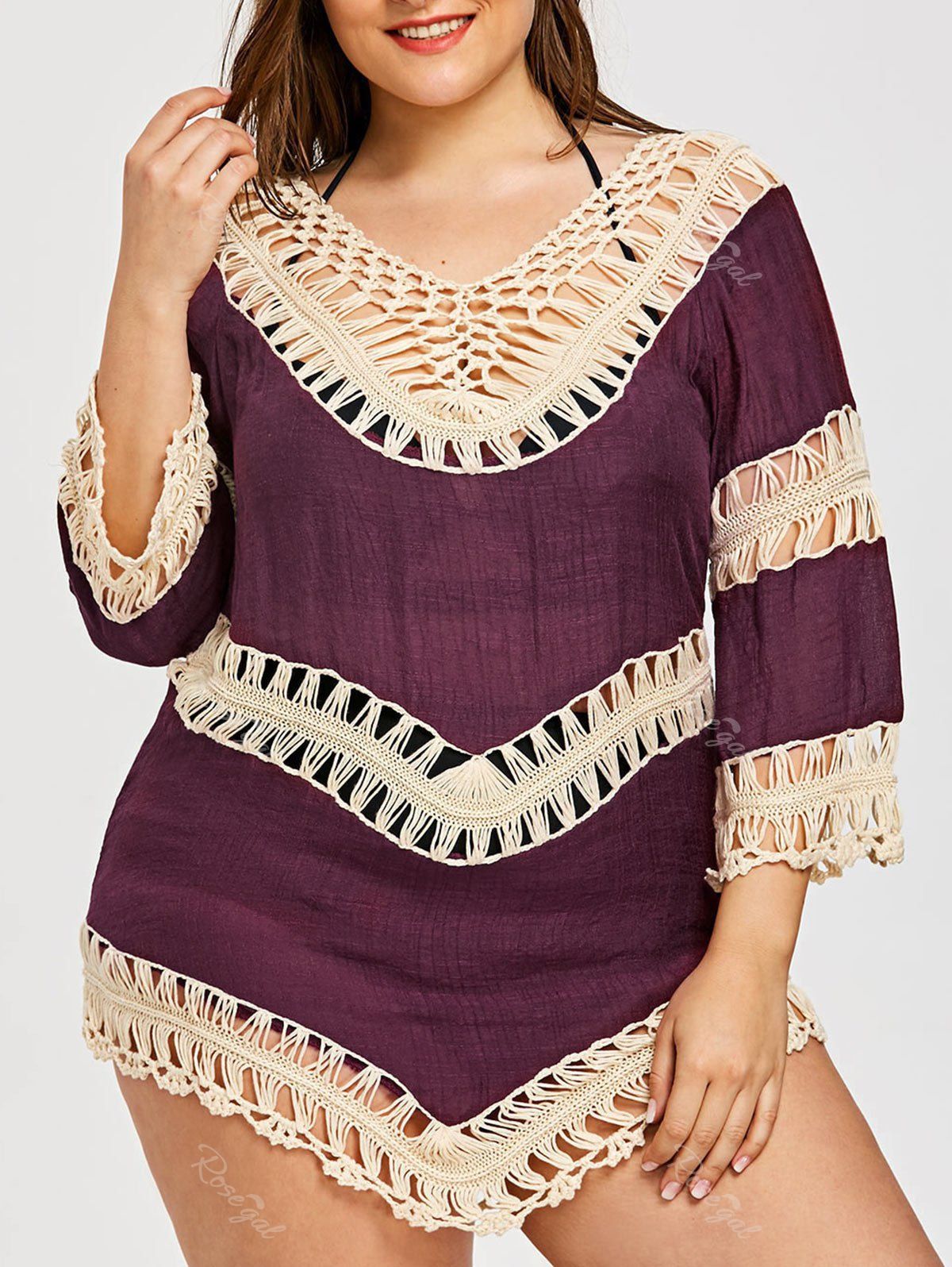 

Plus Size Crochet Openwork Cover-Up, Purplish red