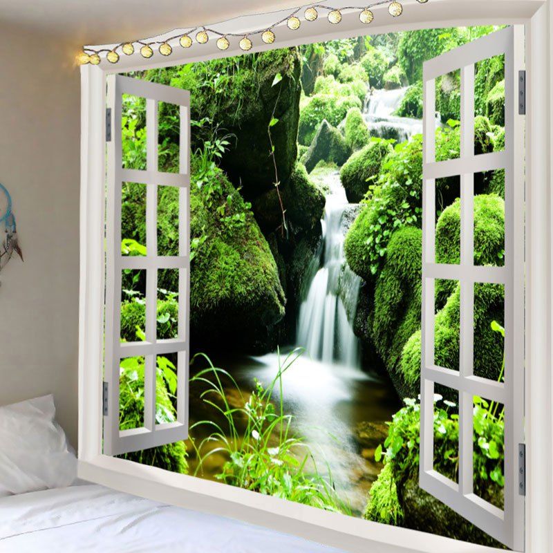 

3D Window Moss Spring Water Print Wall Hanging Tapestry, Green