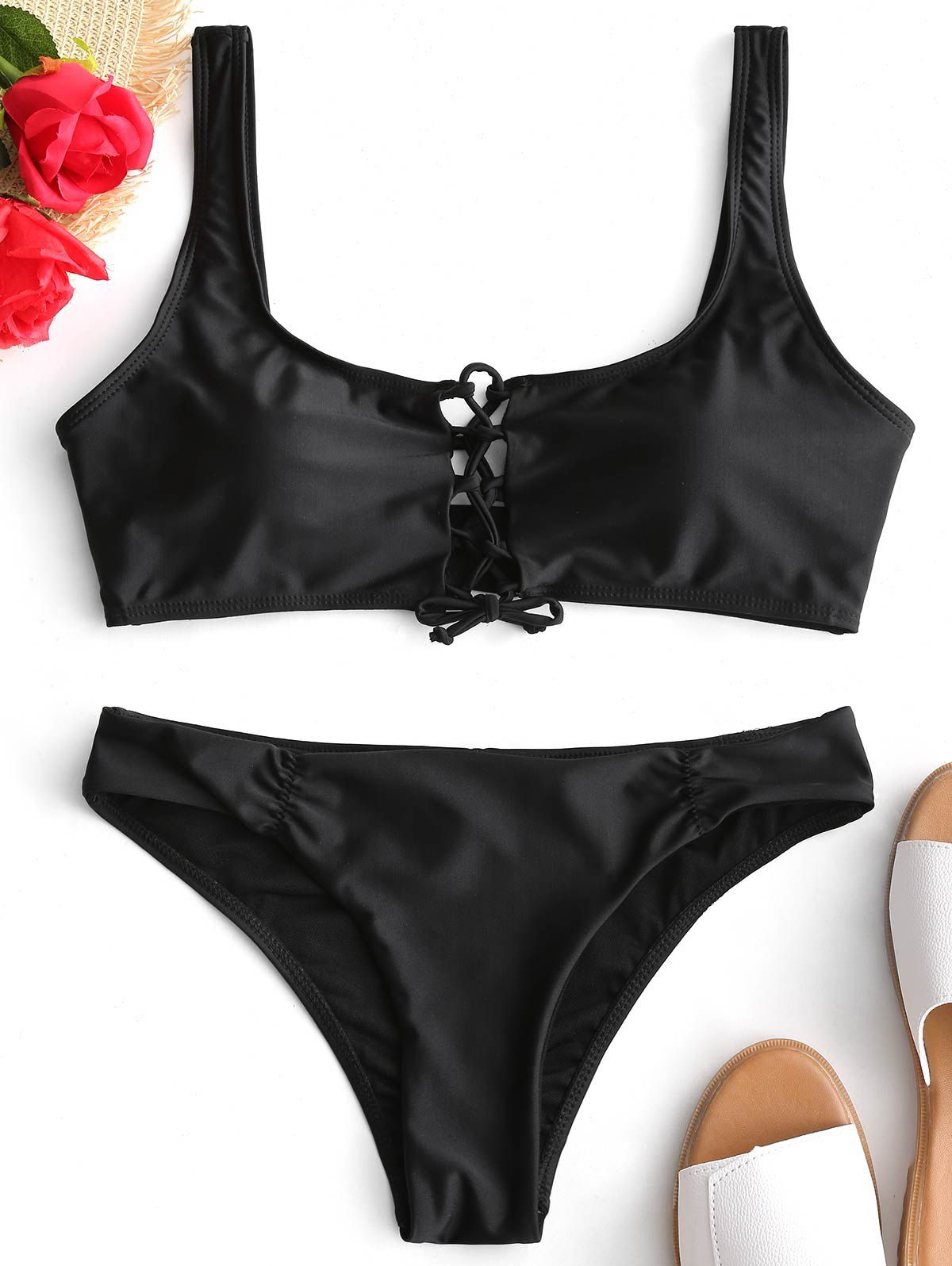 

Lace-up Scrunch Padded Bikini Set, Black