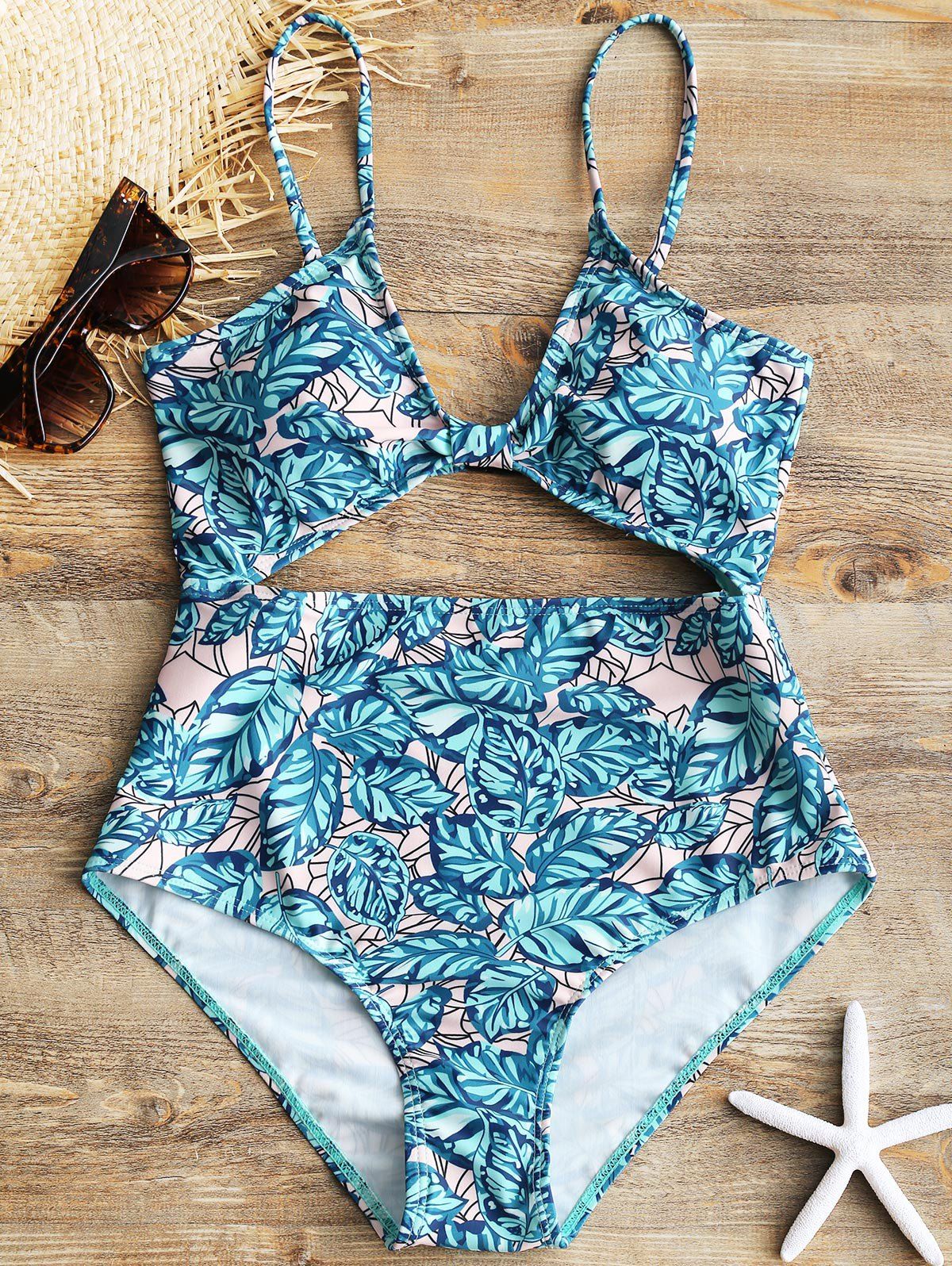 

Leaf Print One Piece Cut Out Swimsuit, Floral
