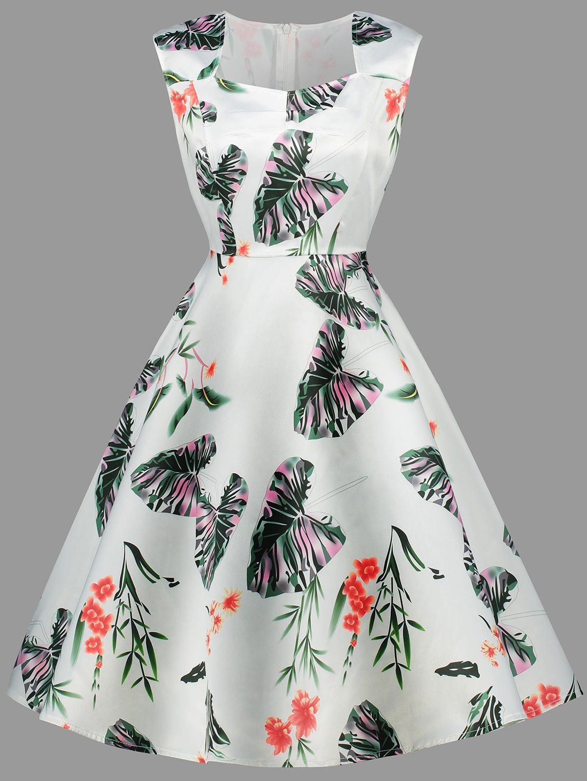 

Retro Palm Print Sleeveless Dress, Green