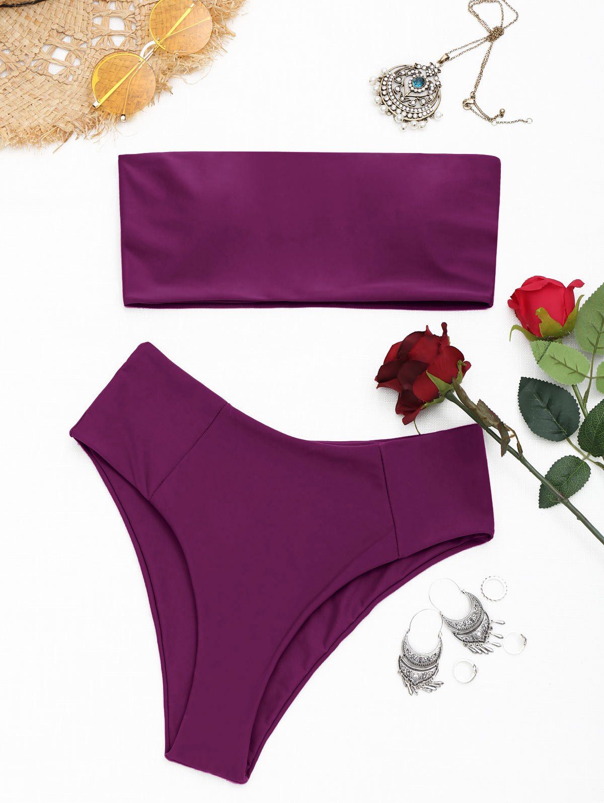 Ensemble de bikini coupe haute à col montant Violacé rouge S