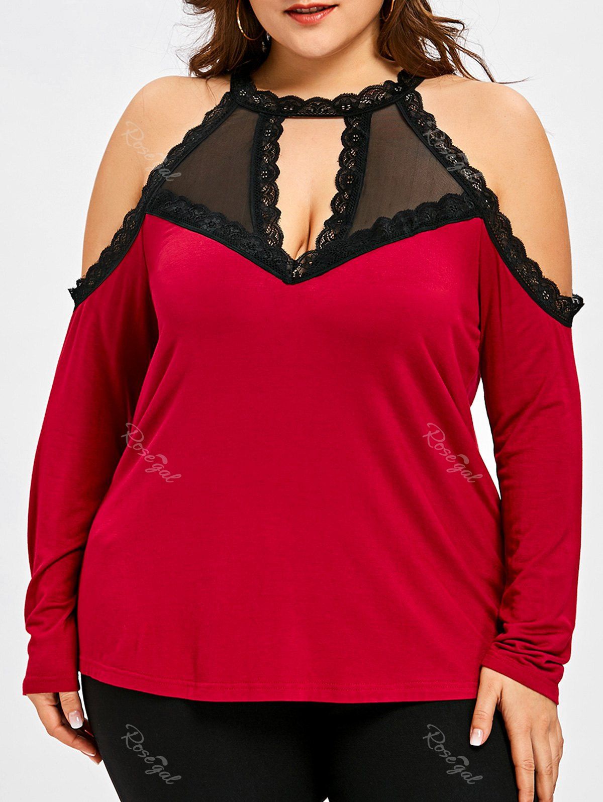 

Plus Size Keyhole Front Cold Shoulder T-shirt, Red