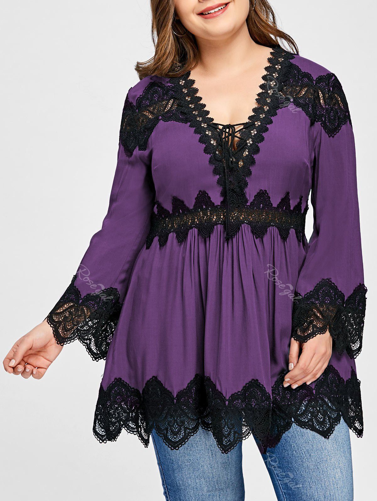 Lace Panel Plus Size Long Sleeve Peplum Blouse, Purple