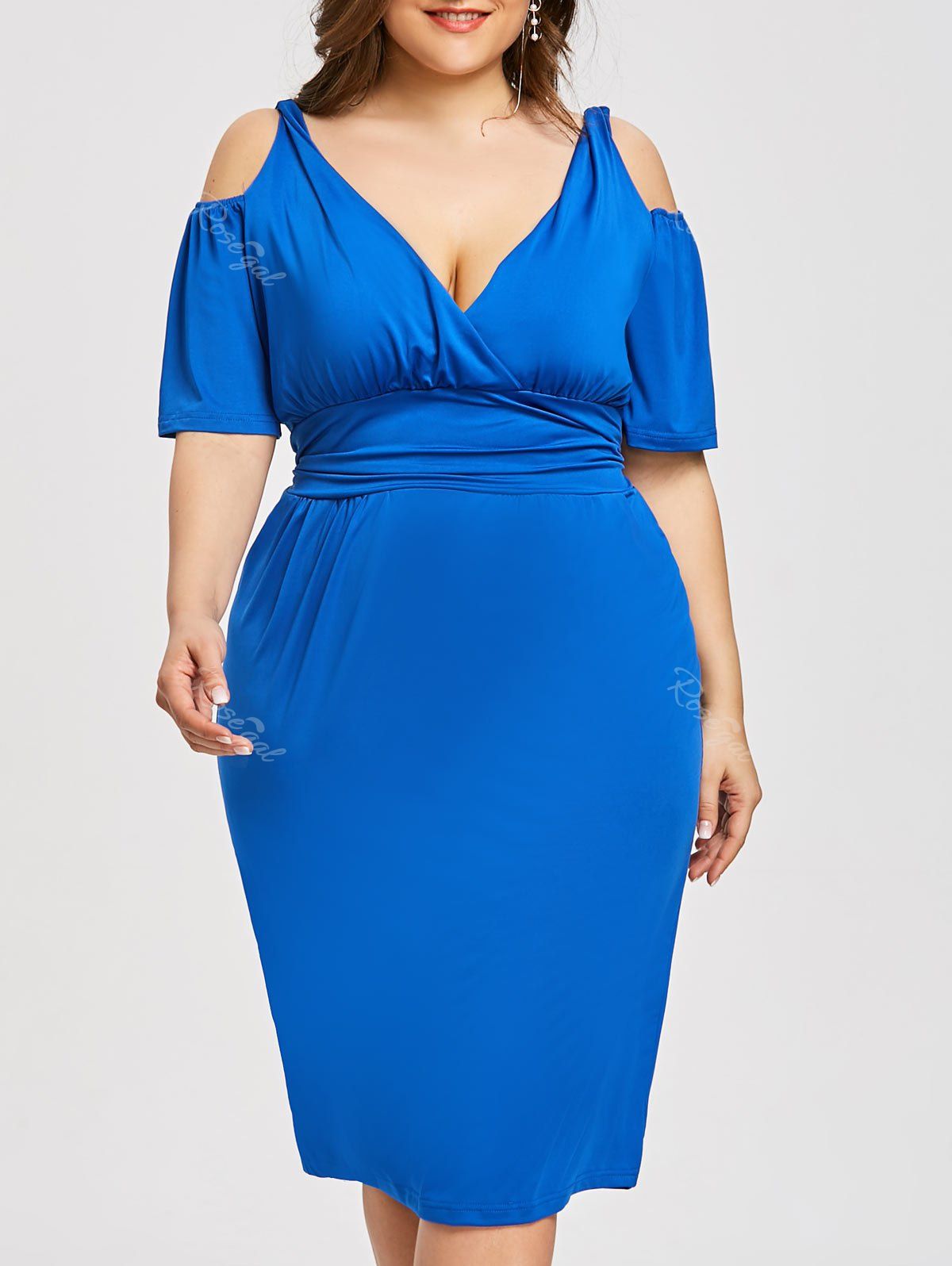 

Plus Size Open Shoulder Low Cut Dress, Blue