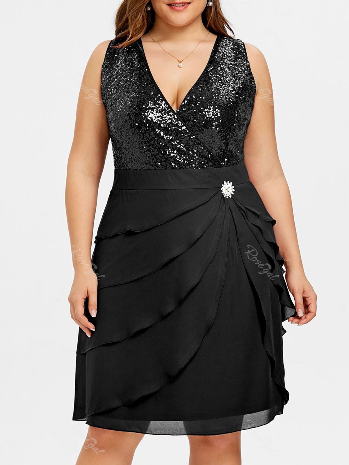 [29 Off] Plus Size Tiered Ruffle Chiffon Sequins Panel Dress Rosegal