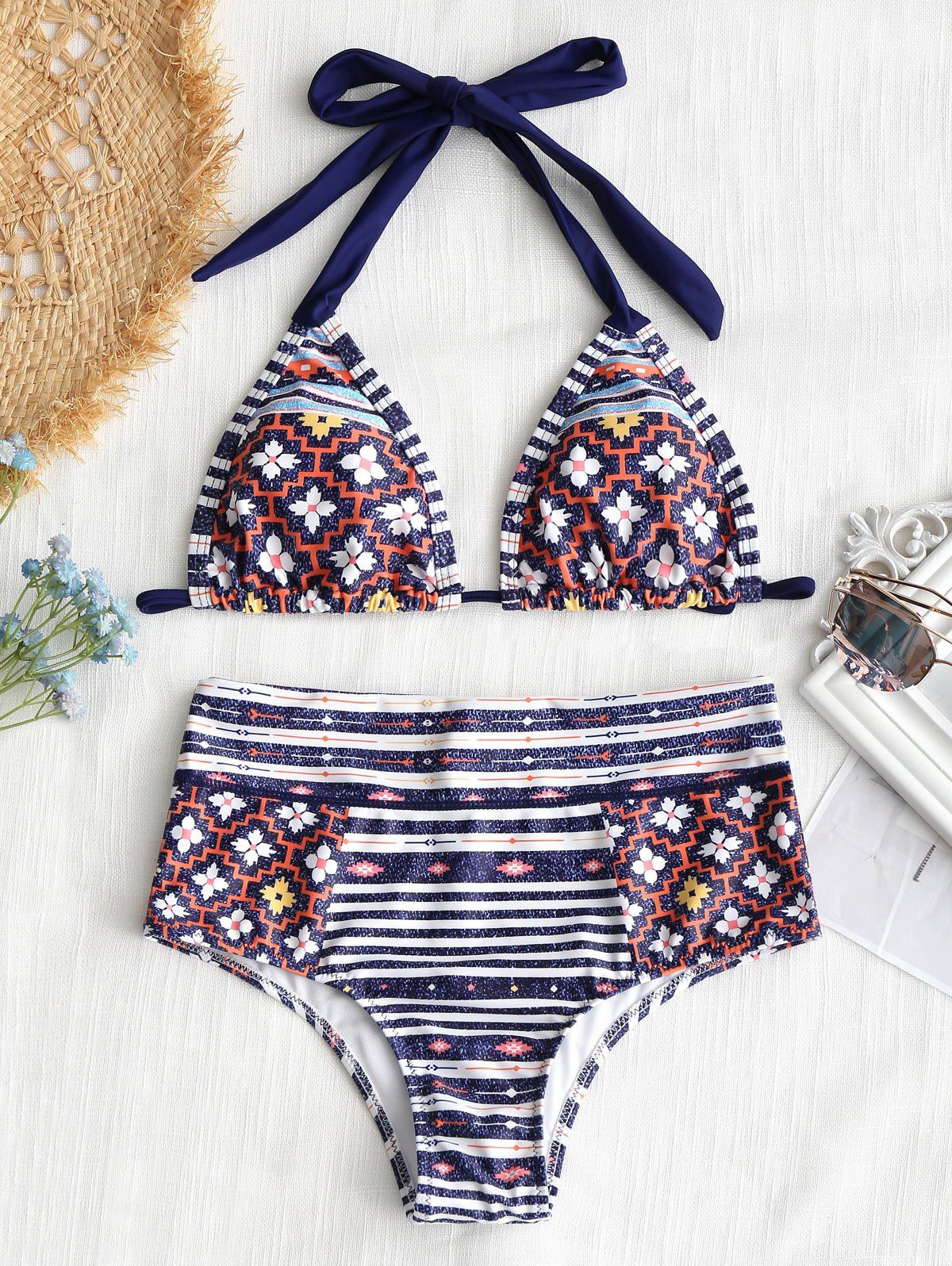 

Patchwork Print High Waisted Bathing Suit, Colormix