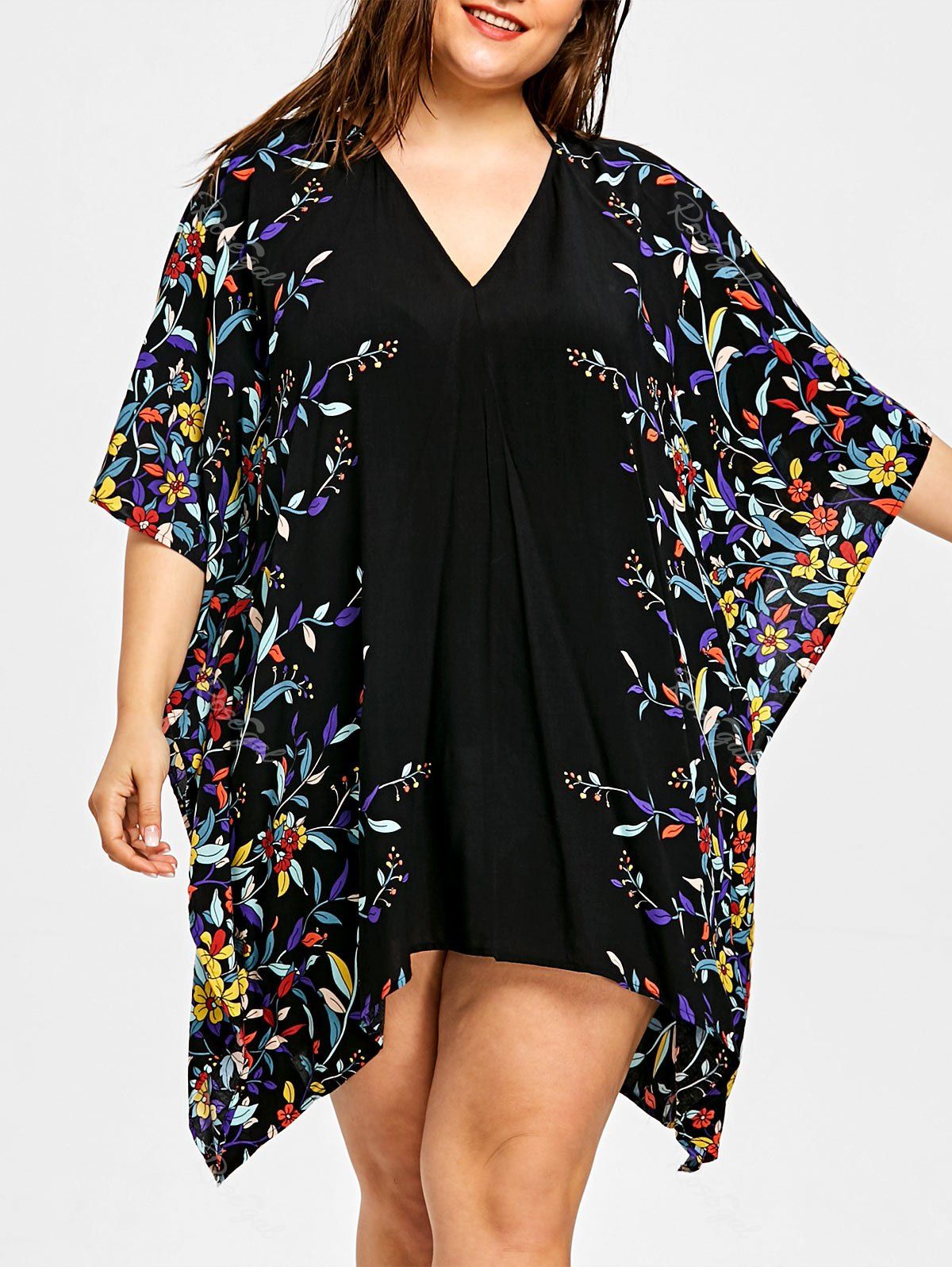 

Plus Size Batwing Sleeve Floral Beach Cover Ups, Black