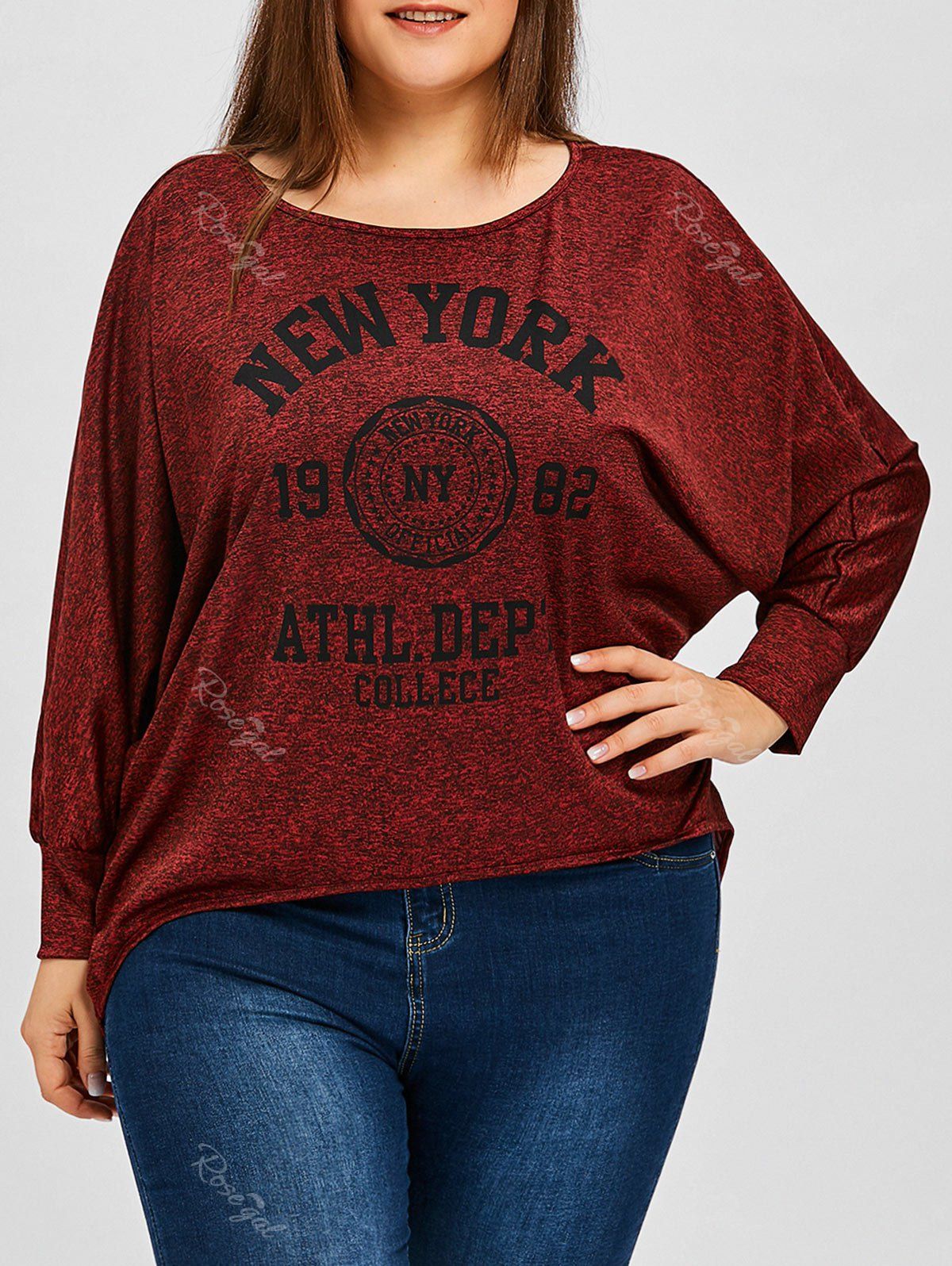 

Plus Size Heather Letter Print Batwing Sleeve T-shirt, Wine red