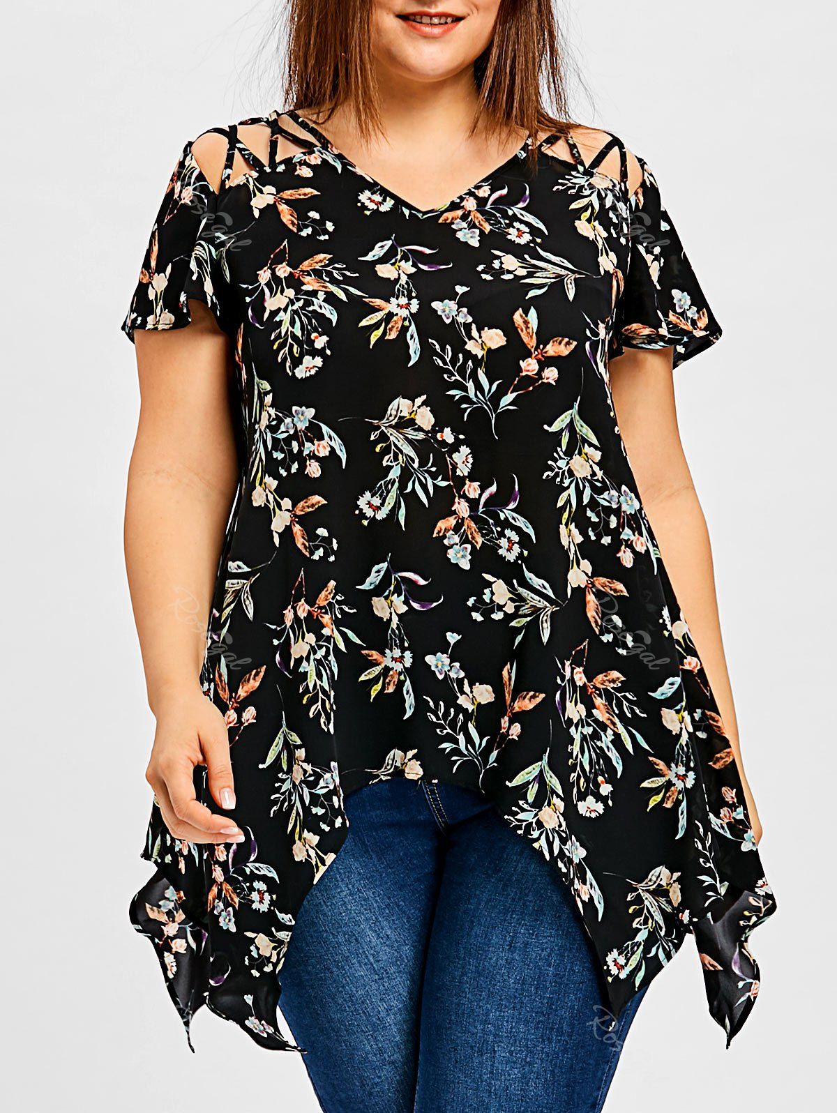 

Plus Size Floral Tunic Handkerchief T-shirt, Black